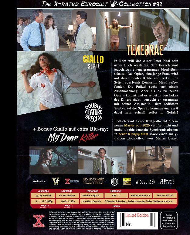 Tenebre (Tenebrae) (Blu-Ray) (2Discs) - Cover B -  Mediabook - Limited 122 Edition + Bonusfilm: My Dear Killer