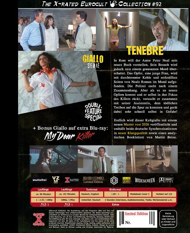 Tenebre (Tenebrae) (Blu-Ray) (2Discs) - Cover C -  Mediabook - Limited 122 Edition + Bonusfilm: My Dear Killer