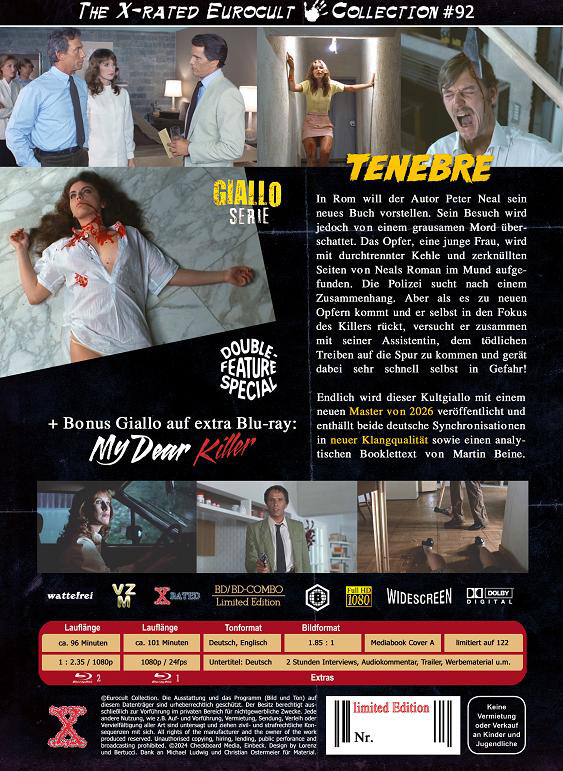 Tenebre (Tenebrae) (Blu-Ray) (2Discs) - Cover A -  Mediabook - Limited 122 Edition + Bonusfilm: My Dear Killer